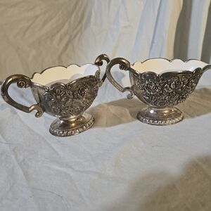 Silver Floral Creamer and Sugar Bowl Set